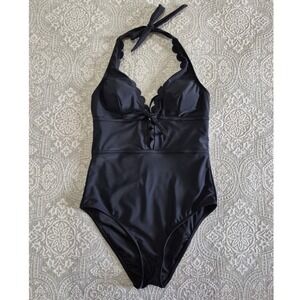 Cupshe Womens Black Scalloped Halter Lace Up One Piece Swimsuit Size M New
